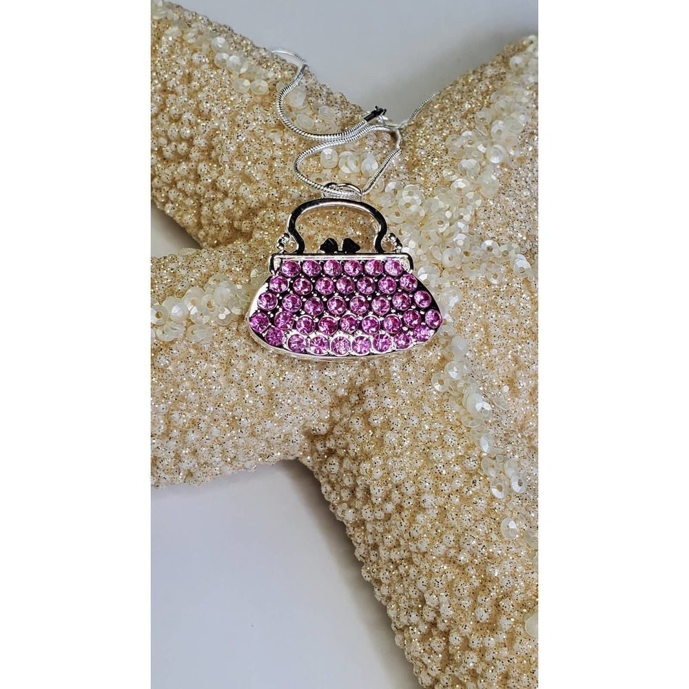 Pink Crystal Handbag Charm Necklace on 925 Silver Chain